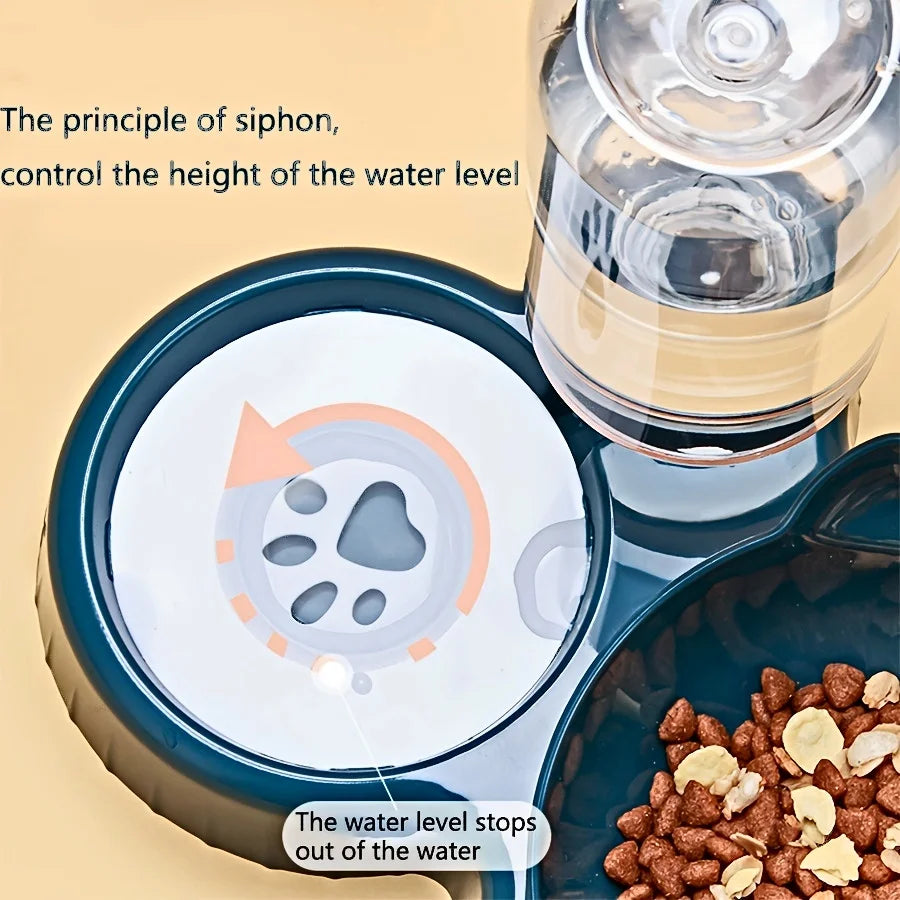 Pet water bottle with a siphon mechanism and food dish on a beige background