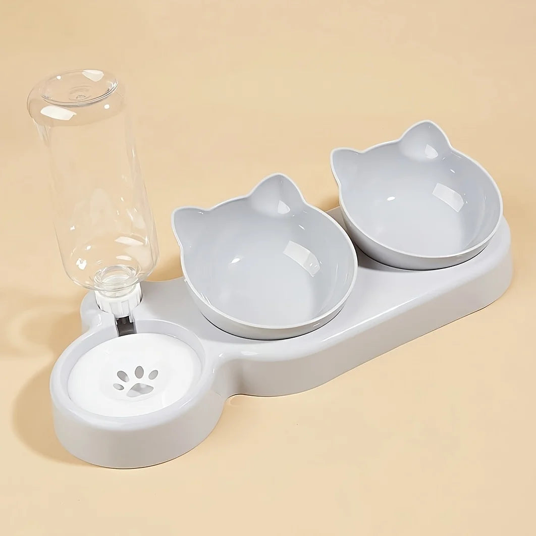 Pet water fountain with two cat-shaped bowls on a beige background