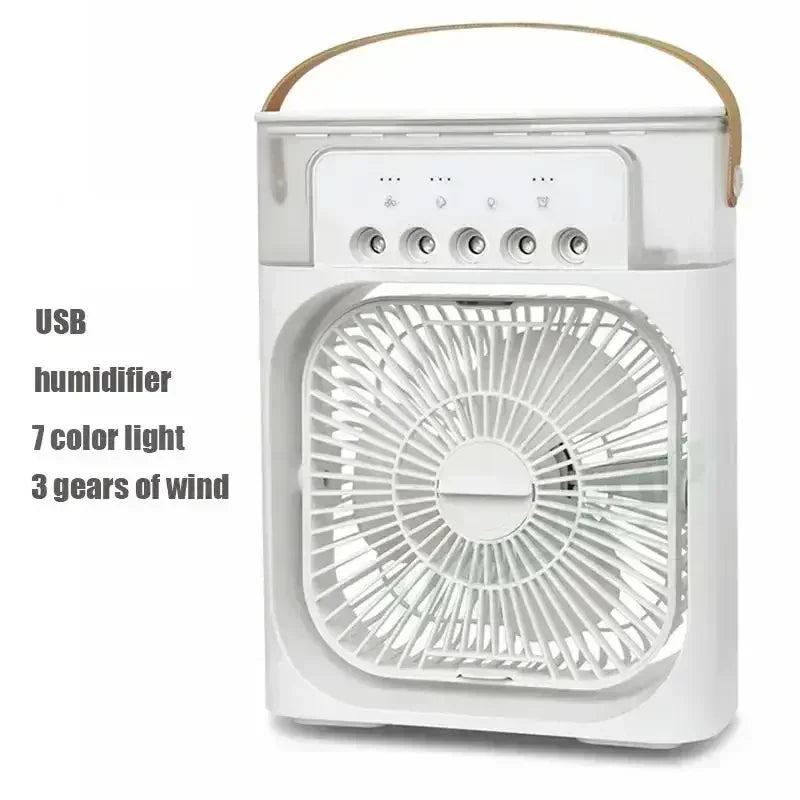 White portable fan with USB humidifier and 7 color light features on a white background
