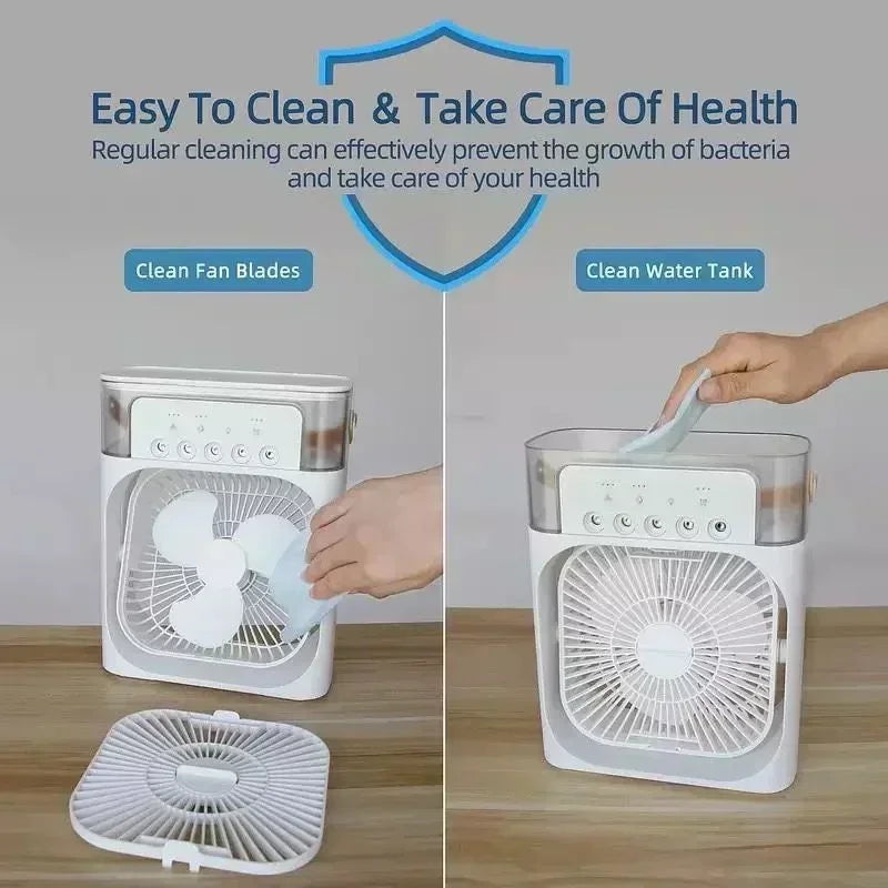 Portable air purifier with cleaning instructions on a wooden surface