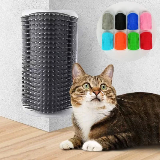 Cat lying on a wooden floor next to a stack of black cat litter trays and a set of colorful brush heads.