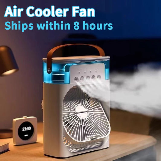 Portable air cooler fan emitting mist on a table with text about shipping time.