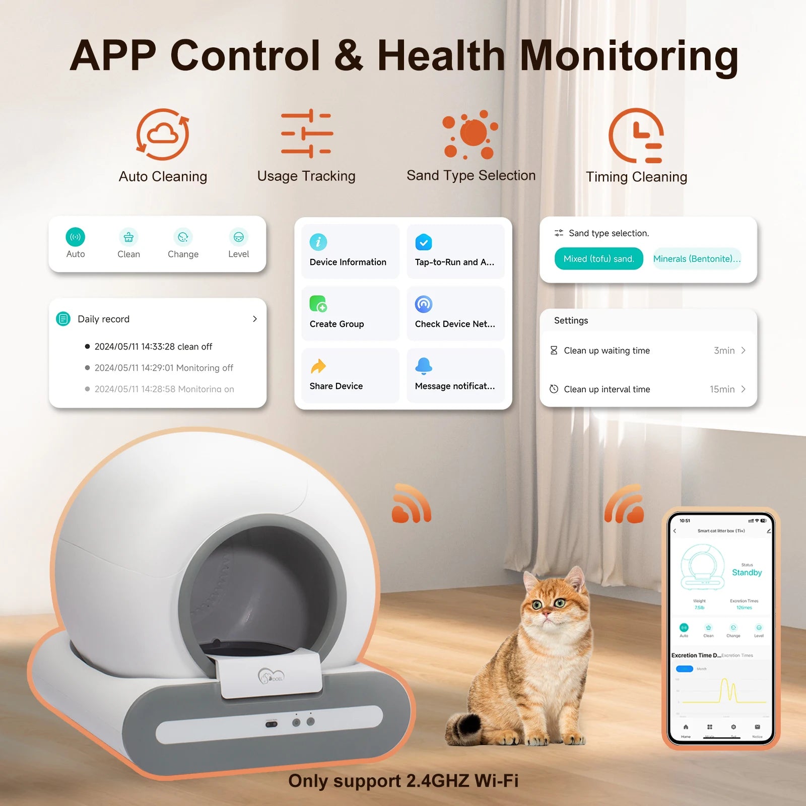 Smart pet litter box with app control and health monitoring features, cat sitting next to it.