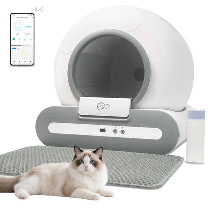 Smart pet litter box with a cat lying on a mat, and a smartphone displaying app interface.