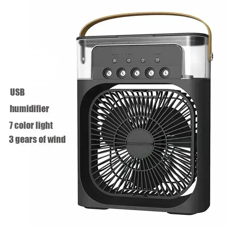 Black USB humidifier with 7 color light and 3 gears of wind on a white background