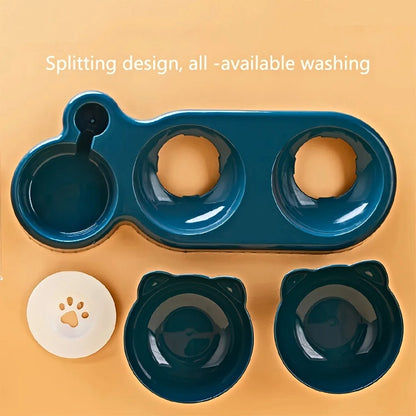 Blue pet bowl with split design on a beige background